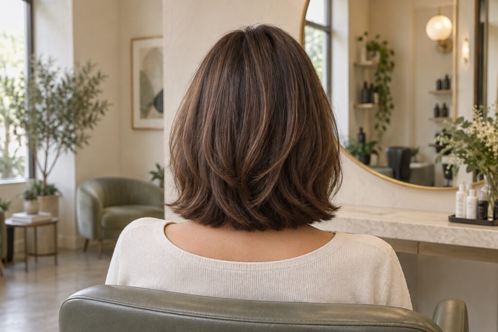 Corte de cabello castaño a capas en un salón de tonos naturales